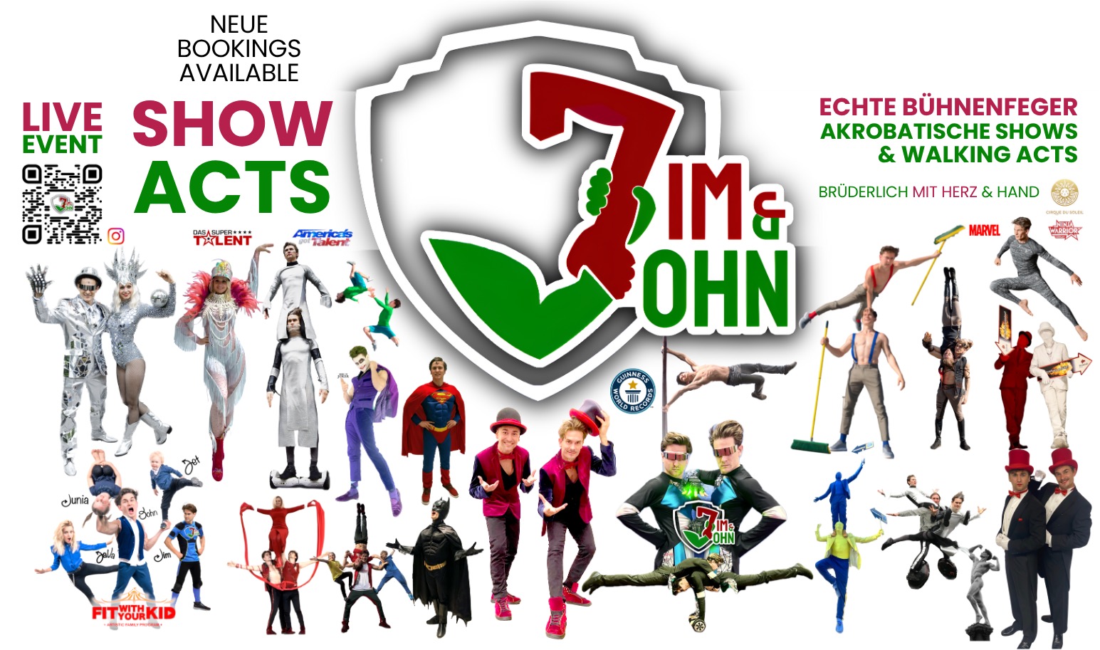 Uebersichtsposter von Jim&John: rund zwanzig freigestellte Show-Acts nebeneinander — Stelzenlaeufer, Spiegelkostueme, Superhelden, Frack-Duo und Partnerakrobatik rund um das Jim&John-Wappen