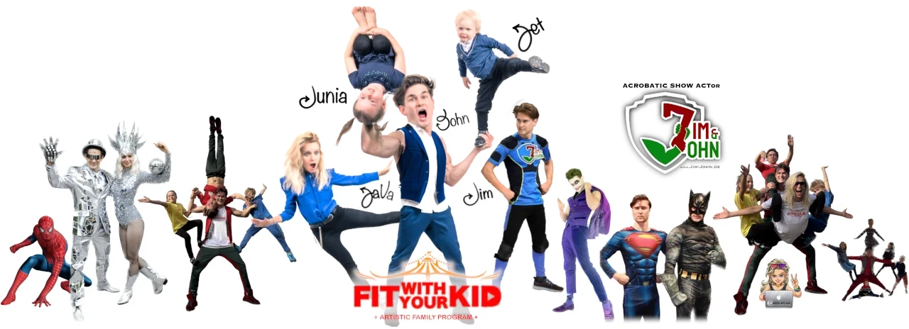 Jim & John mit der Familie John, Jim, JaVa, Junia und Jet sowie Show-Acts — gemeinsames Banner von jim-john.de und FITwithYourKID